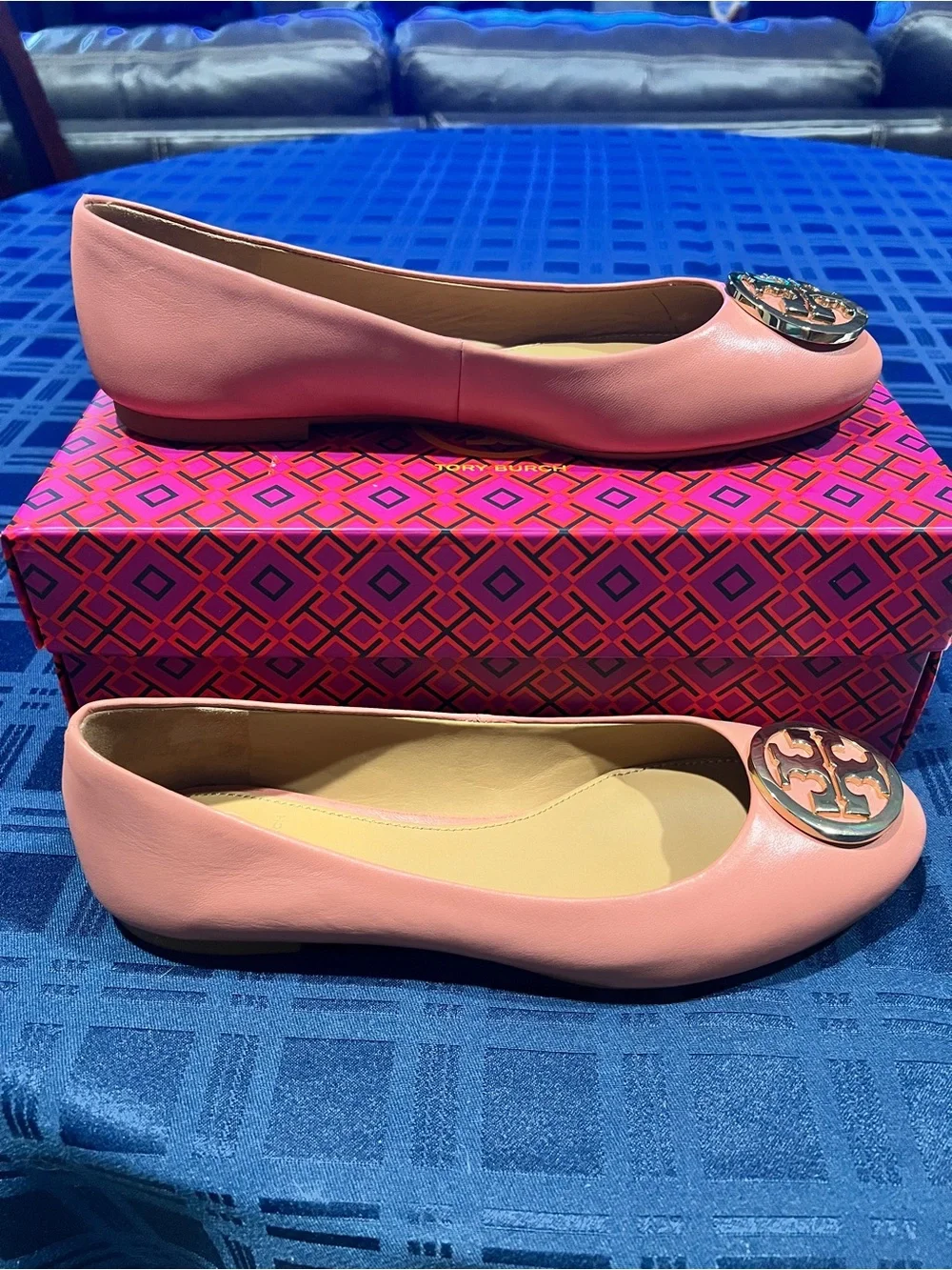 Tory Burch Benton 2 Coral Pink Tramonto Nappa Leather Logo Ballet Flats